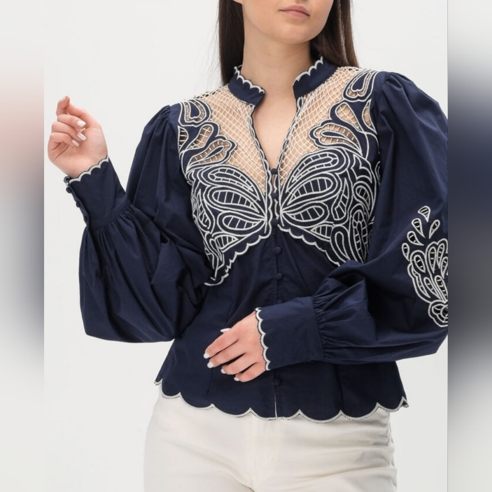 TWINSET Women’s Blouse Shirt Puff Sleeves US 10 IT 46 New Italian Luxury Eyelet